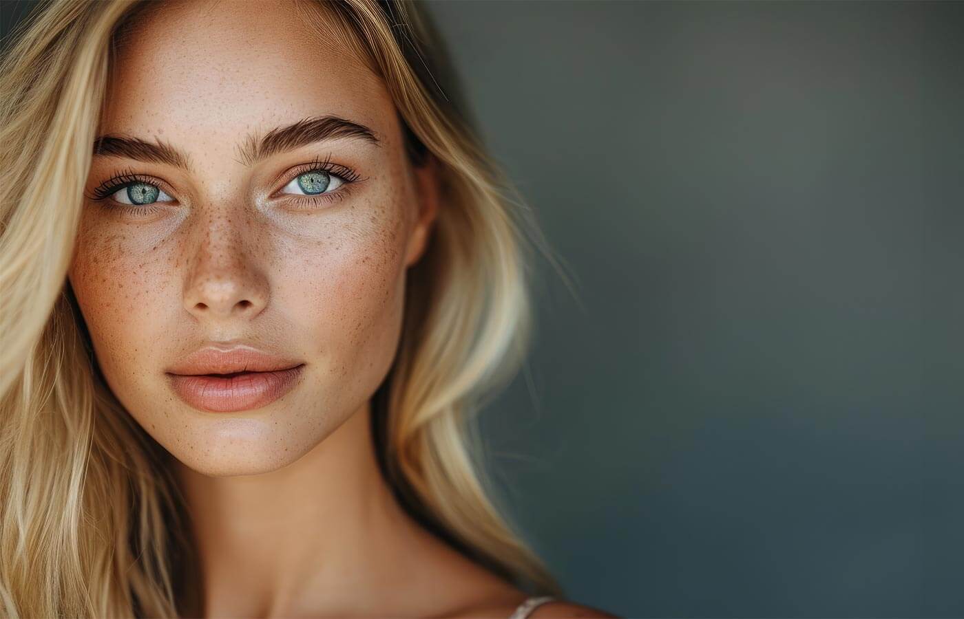 Beautiful young woman with gorgeous dewy skin and striking blue eyes.