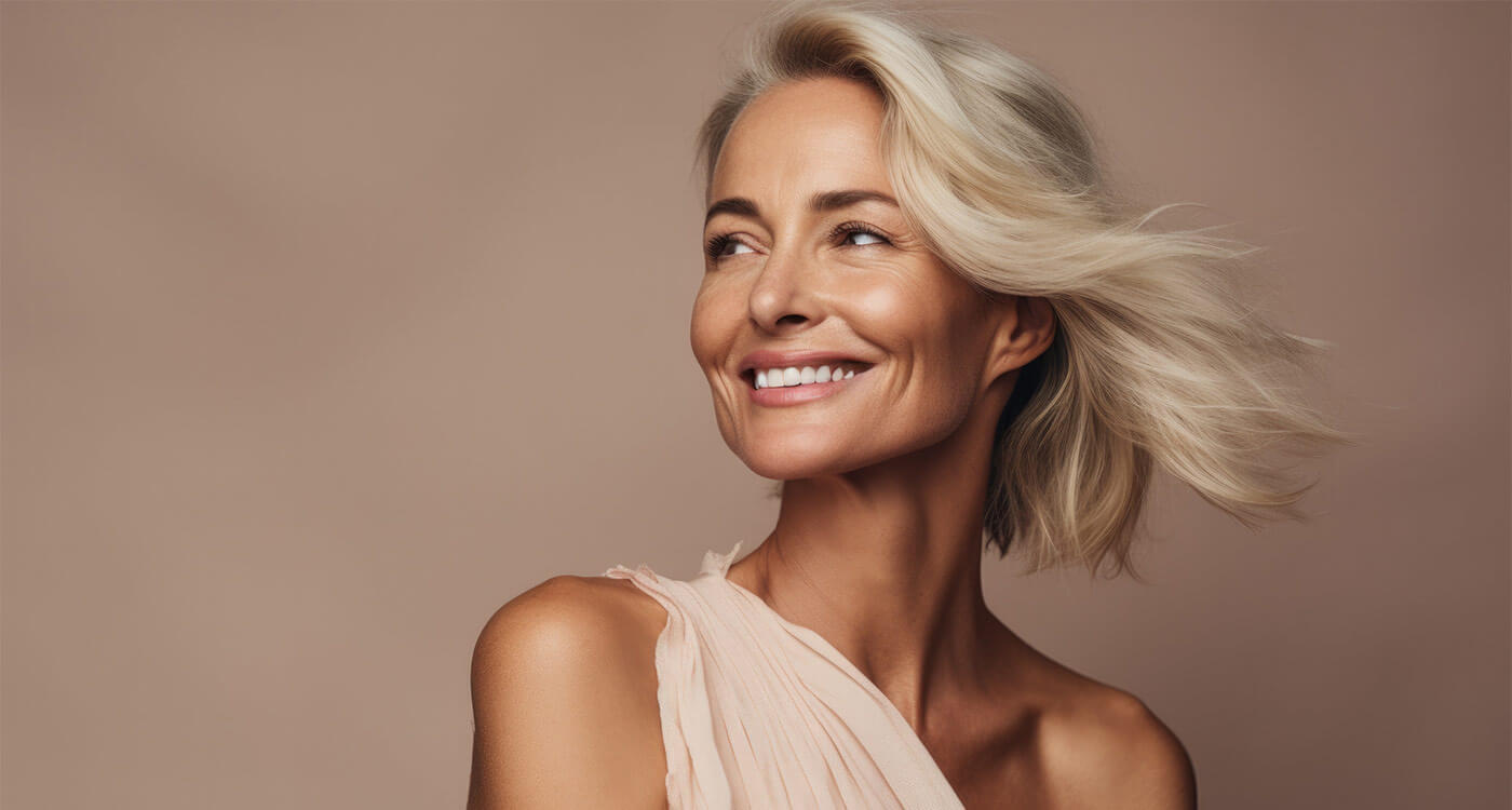 Smiling woman in her 60s with beautiful, healthy skin.