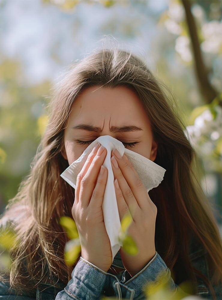 A woman blowing her nose after sneezing with hay fever.