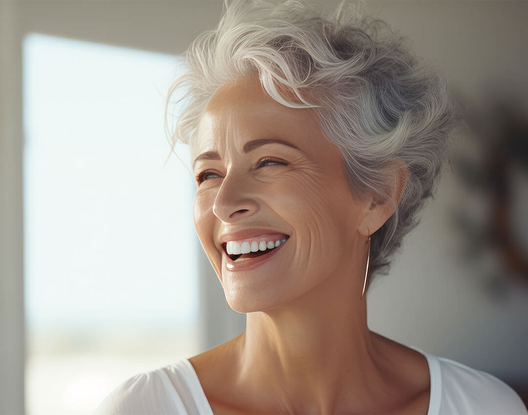 gorgeous and healthy woman in her mid 50s laughing and smiling.