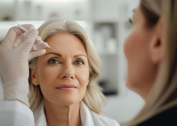 Older woman having cosmetic injectables administered by a qualified doctor.