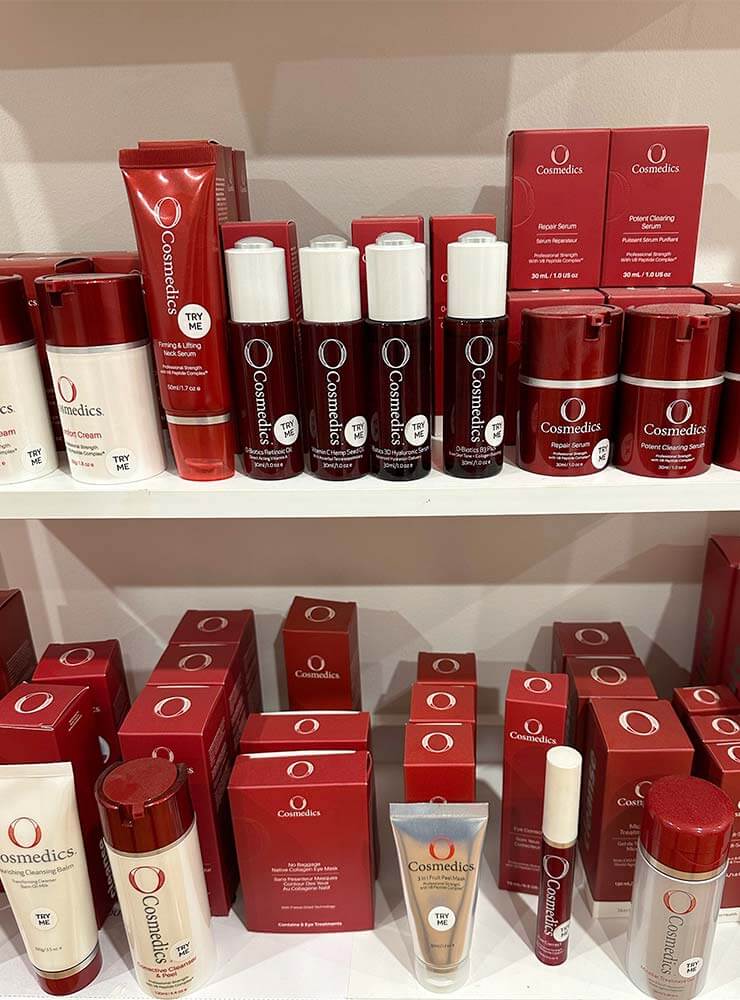 The skincare shelf at Dr Katey Cosmetics in Healesville, filled with O Cosmedics products.