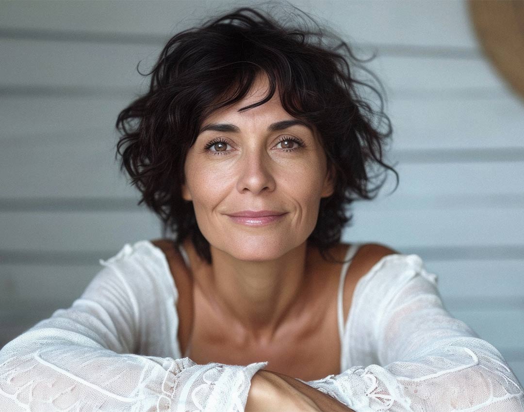 A beautiful older woman, with tousled brown hair staring into the camera with a smile.